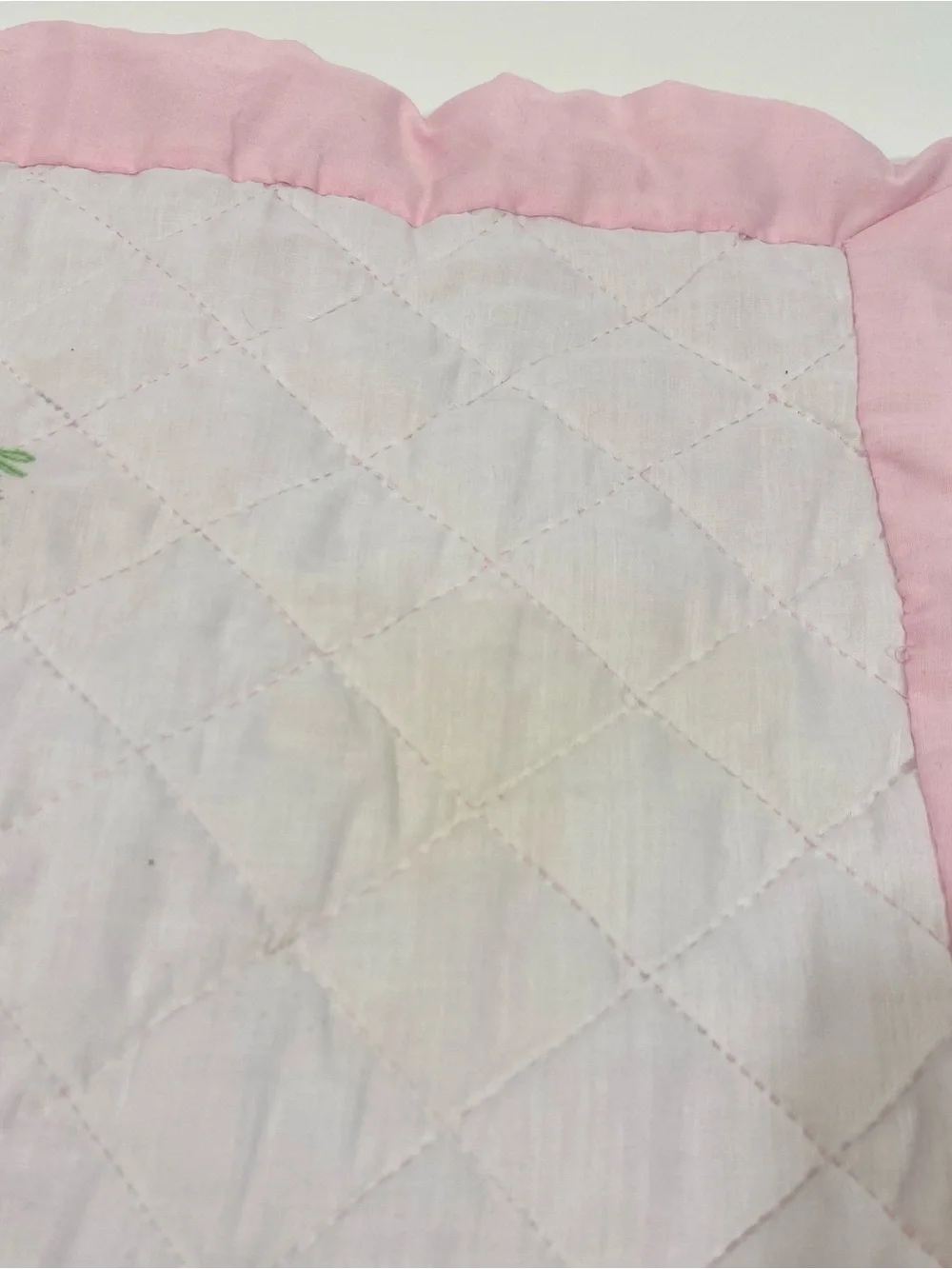 Vintage White & Pink Quilted Baby Blanket with Embroidered Animals